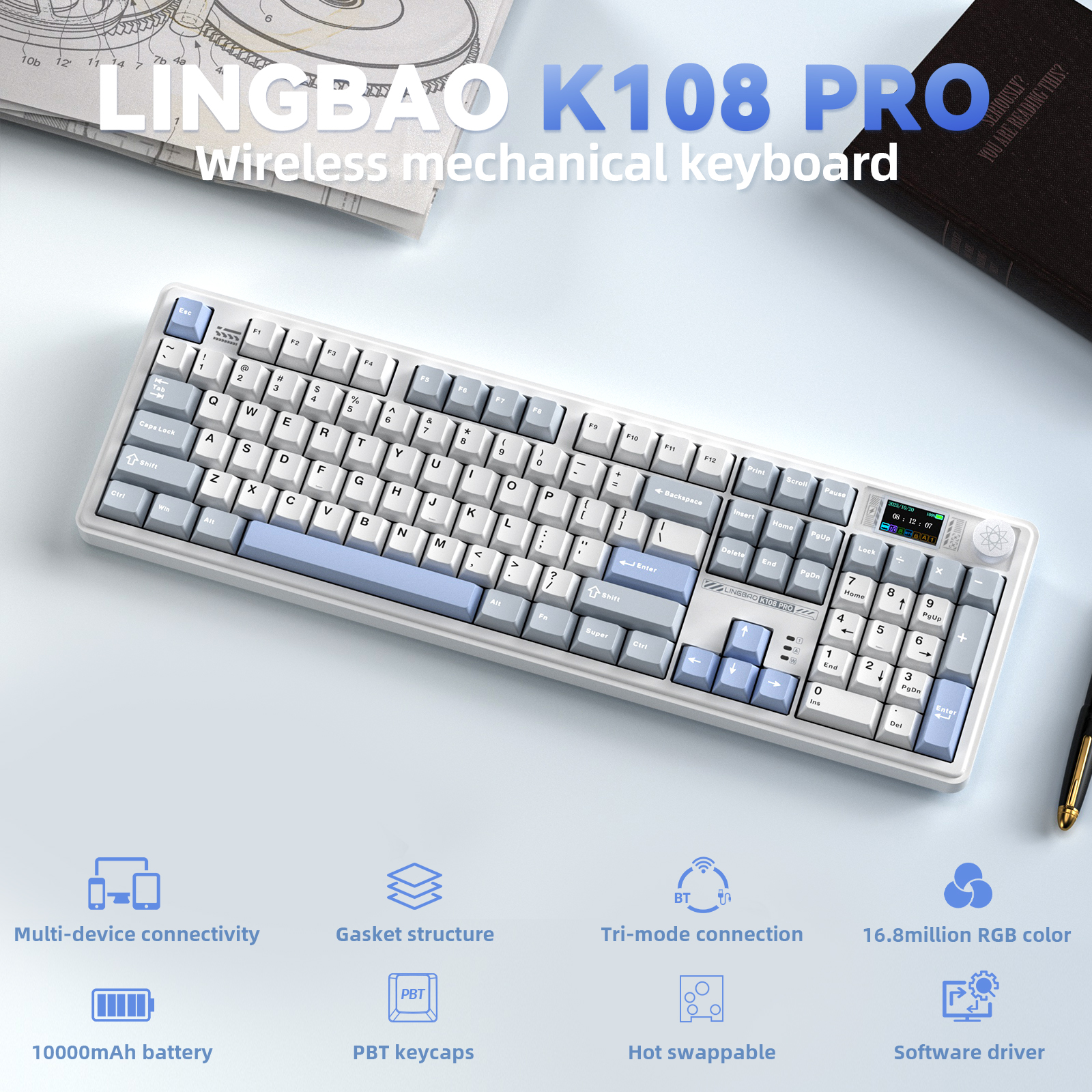 Keyboard Gaming Transparent - LINGBAO K108pro Mechanical Keyboard Tri-mode Korean