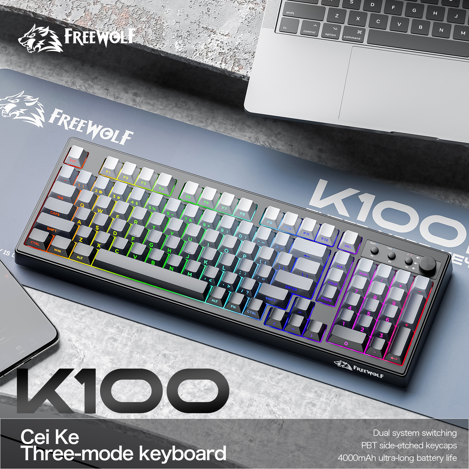 FREEWOLF k100 three-mode silen - Gaming Keyboard No Rgb avaliação e preço