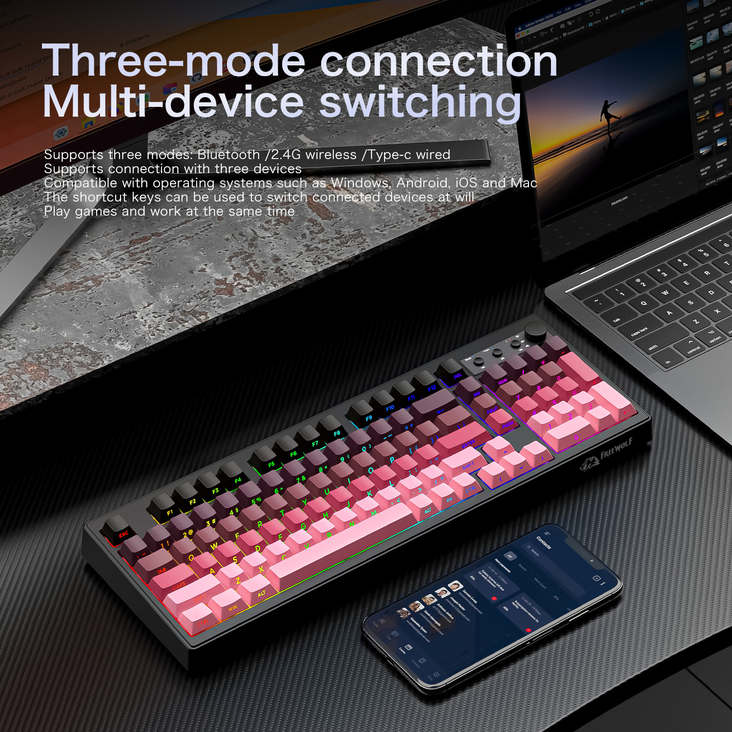 FREEWOLF k100 three-mode silen - Gaming Keyboard No Rgb avaliação e preço